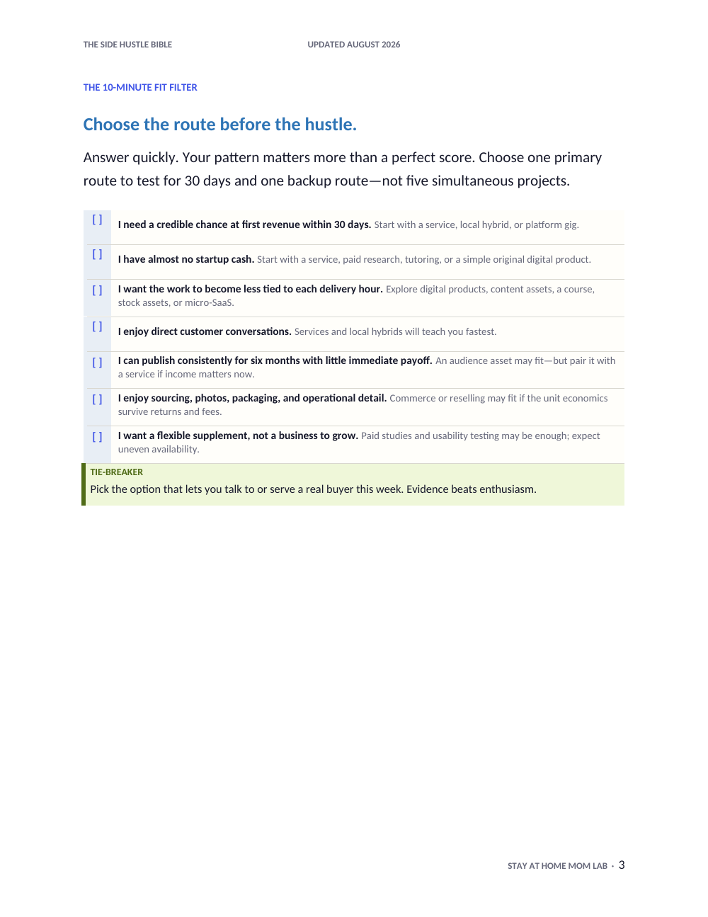 Inside The Side Hustle Bible: the 10-minute fit filter, page 3.